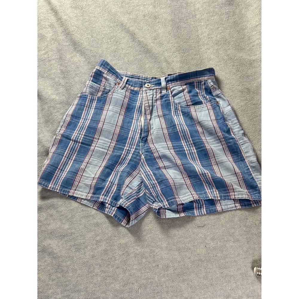 Vintage Bongo Gene Montesano Blue Plaid High Waisted Shorts Womens 26